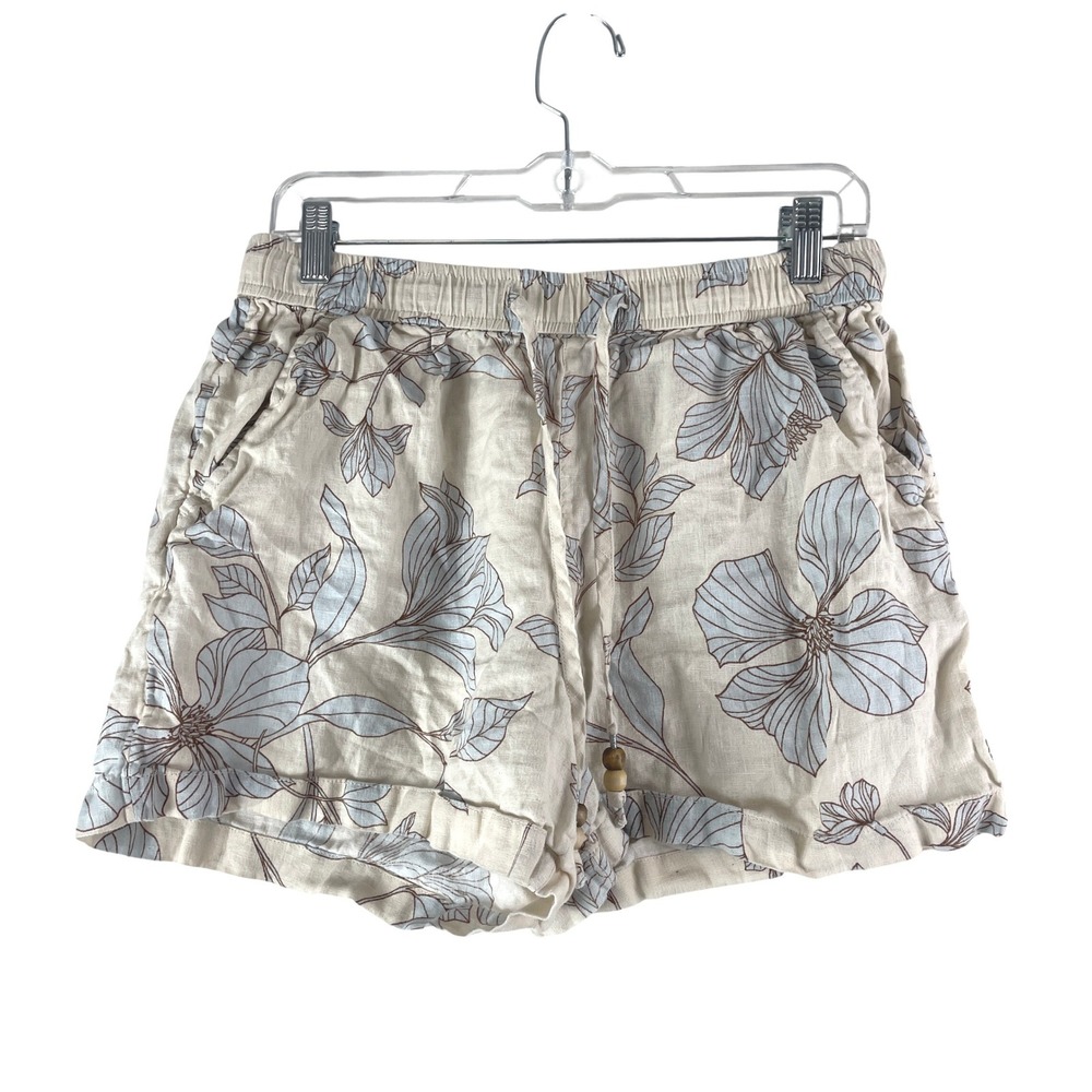 Cynthia Rowley Floral Linen Shorts Women M Beige Blue Beaded Coastal Boho Summer